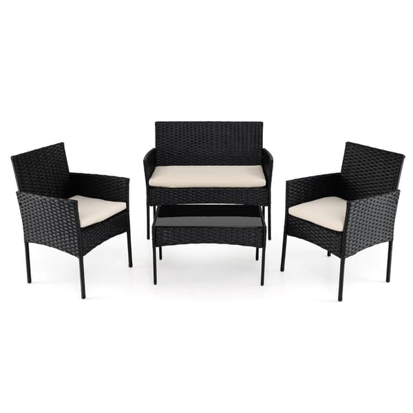 Rattan havemøbelsæt, 4 dele, hynder, glasbord