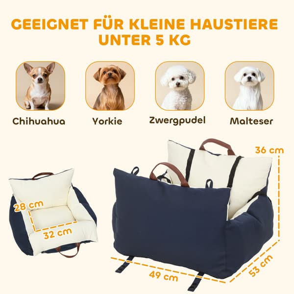 Autostol til kæledyr, 2 stropper, vaskbare betræk, <5 kg, blå