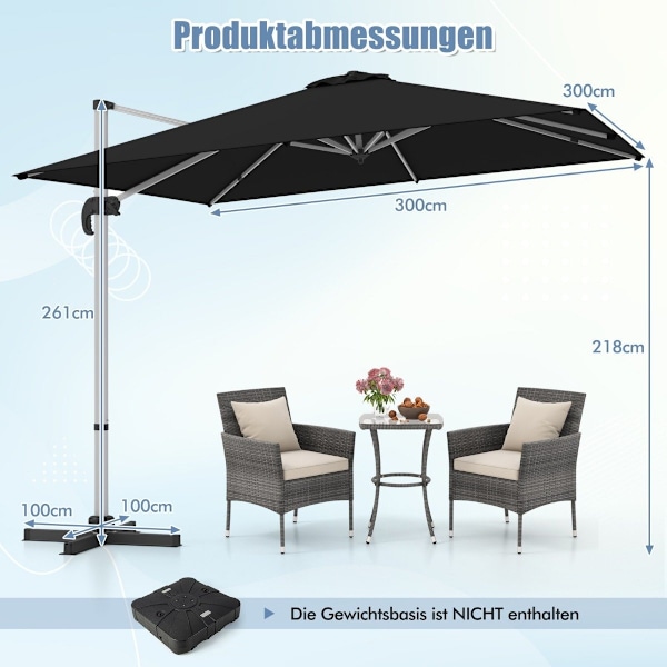Rektangulær parasol 300 x 300 cm stor cantilever parasol med håndsving sort