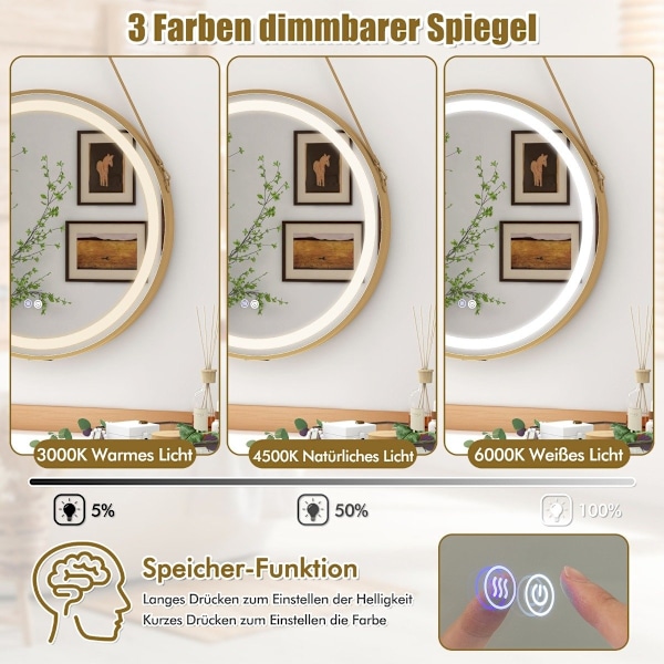 Hängande badrumsspegel med hängrem & 3-färgs LED-ljus & minnesfunktion