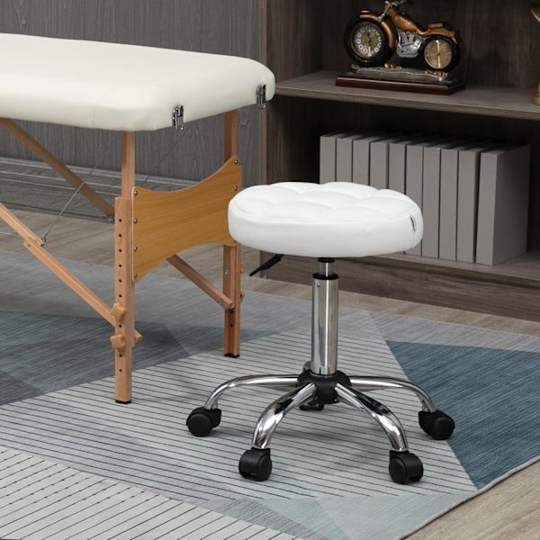 Rulleskammel, højdejusterbar arbejdsskammel, roterende salontaburet til kontor, massage, kunstlæder, hvid, diameter 35,5 x 51-67 cm
