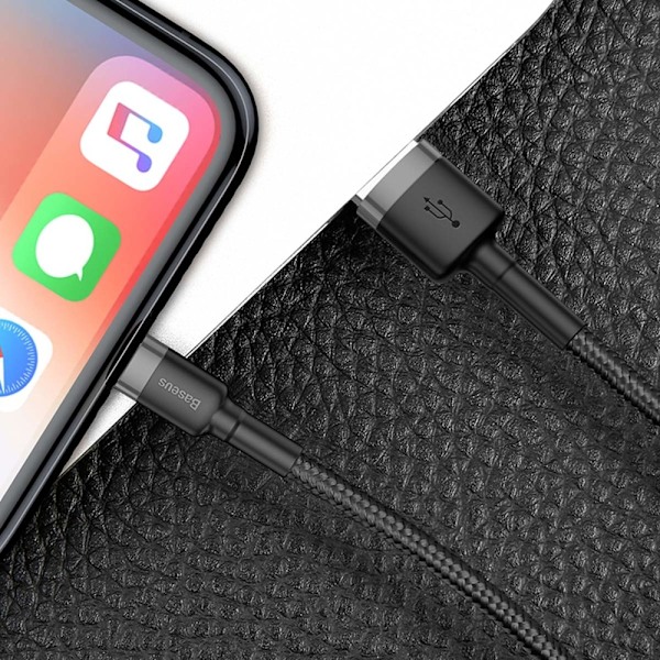 Holdbart flettet USB-kabel til iPhone Lightning QC3 2m - sort