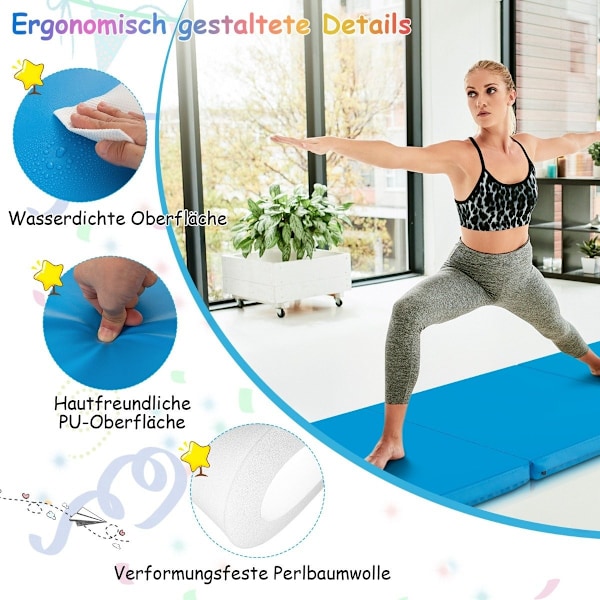 Sammenfoldelig blød gulvmåtte med 2 håndtag Skridsikker gymnastikmåtte 180 x 60 x 5 cm Blå