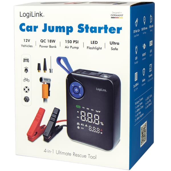 Bærbar 4-i-1 jumpstarter med luftkompressor