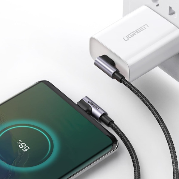 Vinklet kabel med side USB-C til USB-C Quick Charge stik 1m - grå