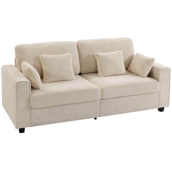 Beige 3-sitssoffa med sammetstyg och djup sits
