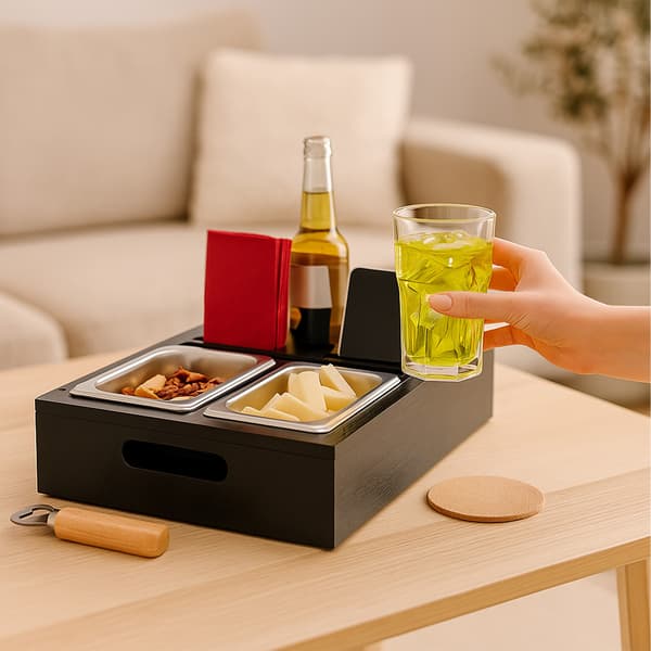 Sofasnackbakke med glasbrikker og drikkeholdere