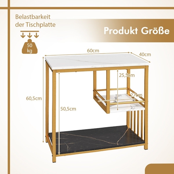 Sidobord marmorlook 3-vånings sängbord med metallram soffbord modernt vardagsrumsbord vitt