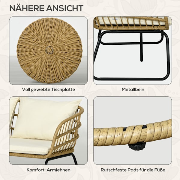 5-Delt Havemøbelsæt I Rattan, Siddeområde Med Hynder, Havesæt Med 2 Sofaborde, 2 Lænestole, 1 Dobbelt Sofa, Siddesæt, Stål, Beige