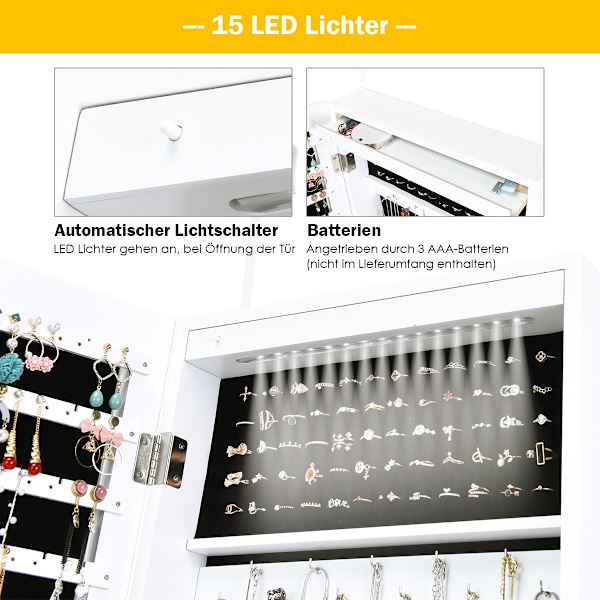 Smyckesskåp med 15 st LED smyckeshylla smyckeskåp 37 x 8,5 x 120 cm vit