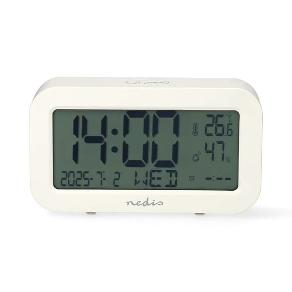 Digitalt skrivebordsvækkeur, LCD, snooze, timer, hvid
