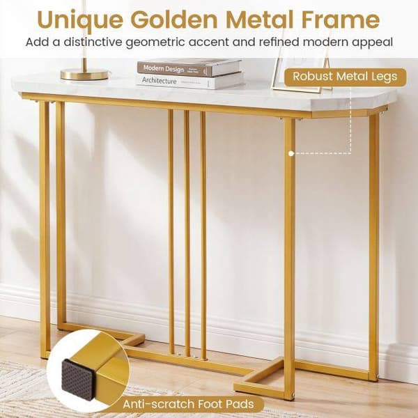 Smalt konsolbord, hvid marmorplade, guld geometrisk stel