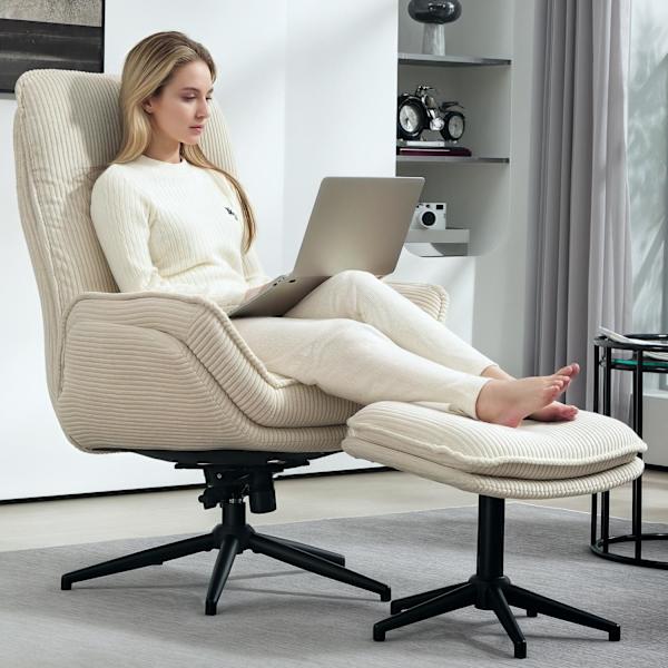 Afslapningsstol med skammel, 360° roterende tv-stol med lænefunktion, tv-stol med ledningslook, hvilestol til stue, soveværelse, beige