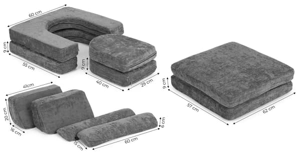 Modulär barnsoffa med 10 kuddar, chenilletyg