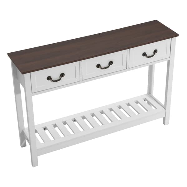 Smalt konsolbord 120 cm, 3 lådor, hyllplan, brunvit