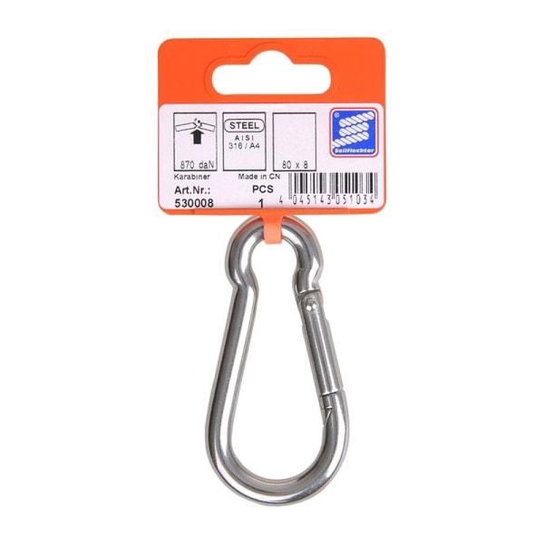 Karbinkrok 80x8mm. A4 RVS AISI 316. 870 daN