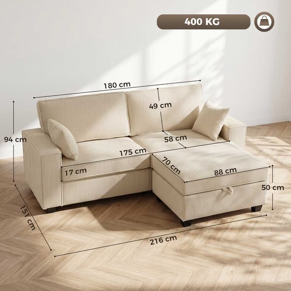 L-formad sladdsoffa med vändbar förvaringsfotpall, beige