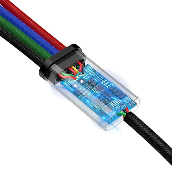 USB kabel 4i1 Iphone Lightning 2 x USB-C microUSB i nylon fletning 3,5A 1,2m sort
