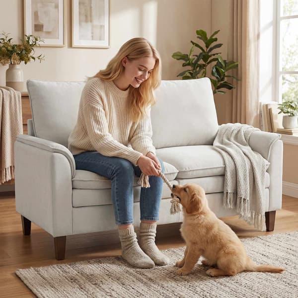 Chenille-soffa med två setar, krämfärgad, 24 cm dyna, hög rygg