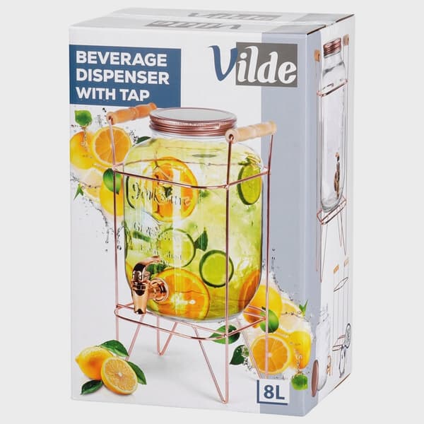 Drikkevaredispenser med hane og stativ, 8L glas