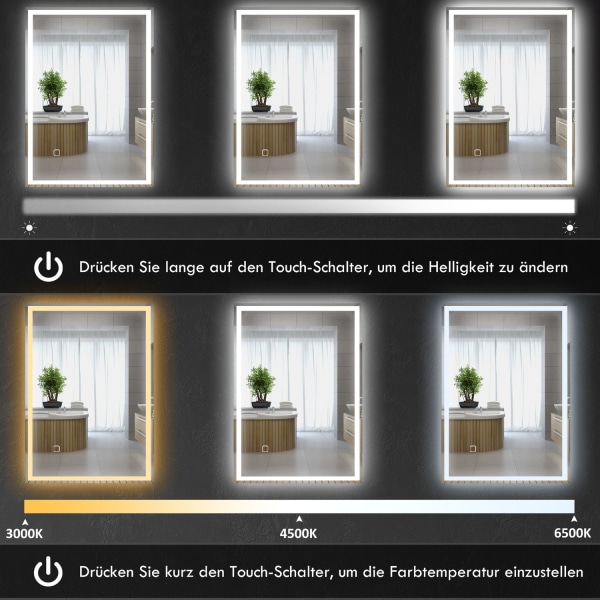 Led Kylpyhuonepeili Seinäpeili 80X60Cm Huurtumaton Kosketuskytkin Ip44