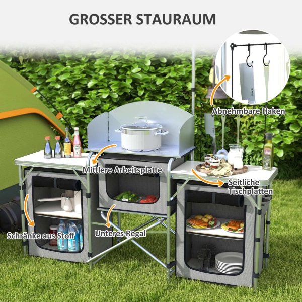 Camping Kitchen Kokoontaitettava Keittiö Tuulensuoja 3 Kaappia 3 Työtasoa Säädettävä Valoteline Camping Garden Alumiini Oxford Harmaa