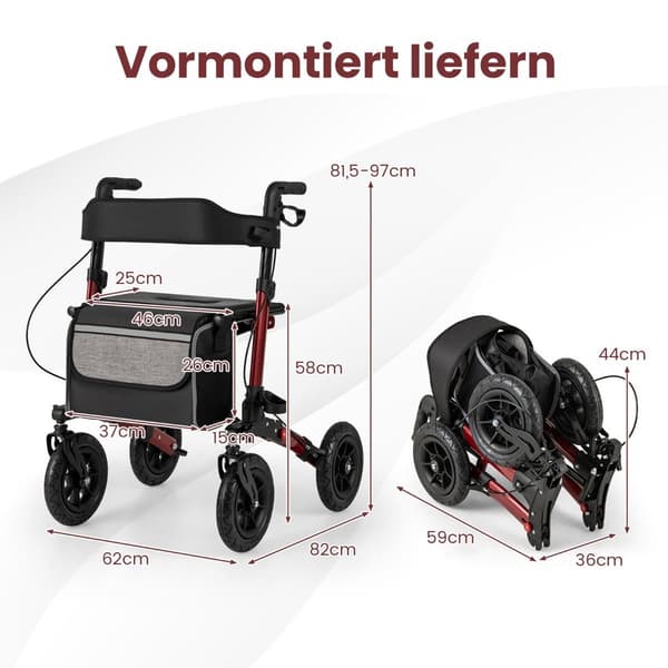 Fällbar lättviktsrollator med luftdäck, röd, 140 kg kapacitet