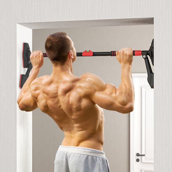 Pull-up bar, justerbare pull-ups med niveaumåler, til dørkarme, med trekantet støtte, maksimal belastning 225 kg, sort
