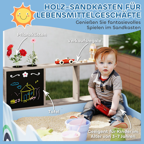 Hiekkalaatikko katolla, 90 x 108 cm puinen hiekkalaatikko, jossa penkki, piirustuslauta, kasvilaatikot, myymäläsuunnittelu 2 lapselle 3-7 vuotta Sinin
