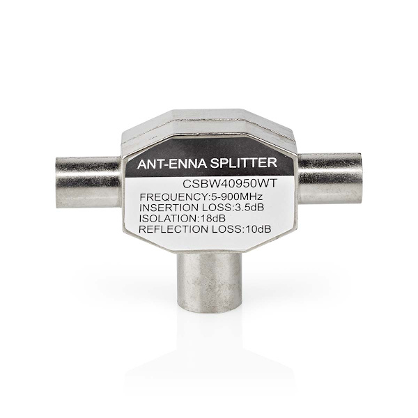 Satelliitti- ja antenni-sovitin | 2x koaksiaali uros | IEC (Coax) Naaras | Niklattu | 75 Ohm | T-jakaja | Metalli | Valkoinen | 1 kpl | Laatikko
