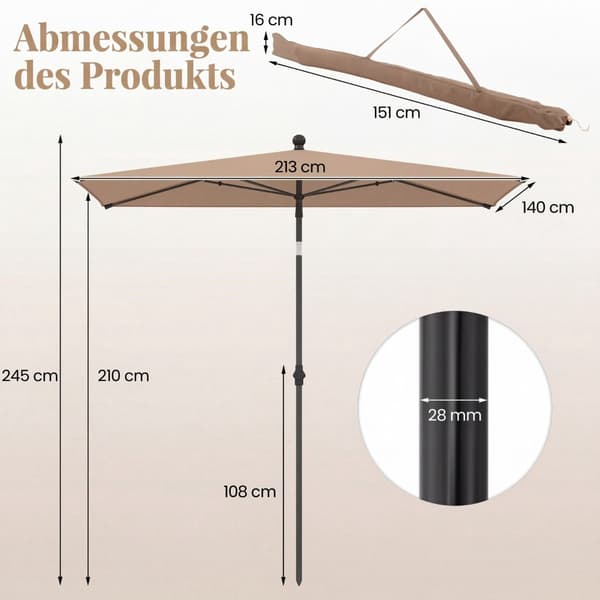Rektangulær balkonparasol, justerbar vippefunktion, brun, 213x140 cm
