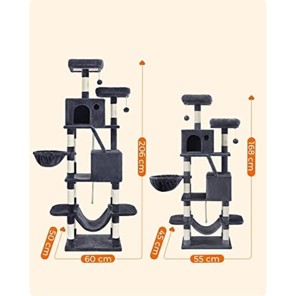 168 cm højt kattetræ på flere niveauer med hængekøje og huler