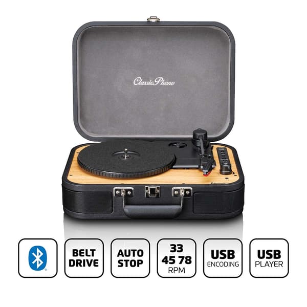 Retro Bluetooth® levysoitin sisäänrakennetuilla kaiuttimilla musta