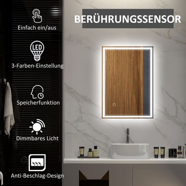 Badeværelsesspejl, vægspejl, LED, touch switch, hvid