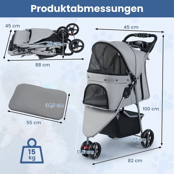 Sammenklappelig kæledyrsklapvogn med justerbar kaleche, grå