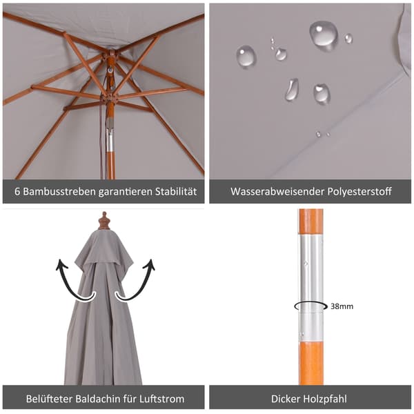 Parasol Foldbar Haveparaply Lavet Af Grantræ, Justerbar Til 3 Niveauer, Grå, 200X150X230Cm