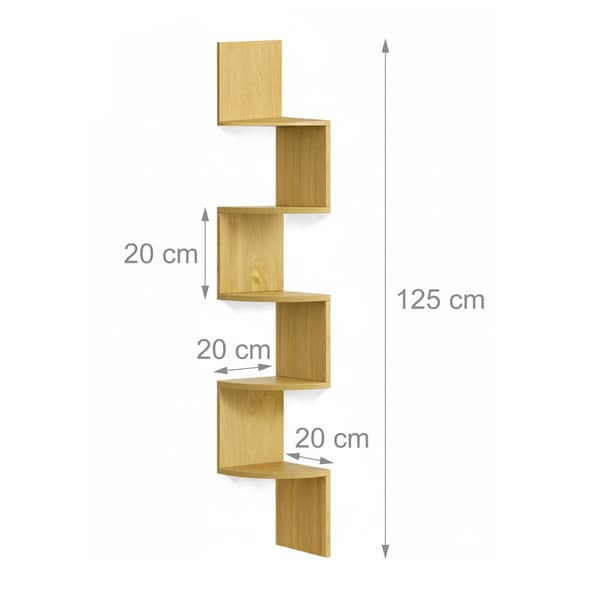 Hörnvägghylla, 5 våningar, sicksackdesign