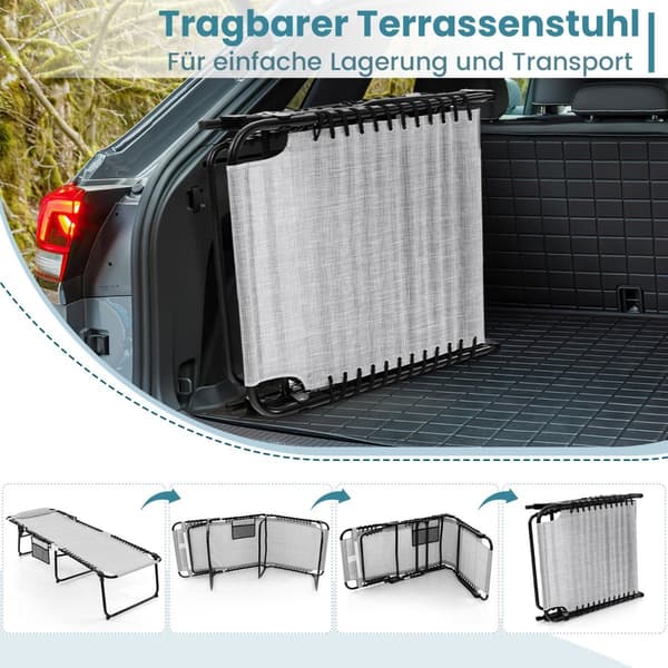 Fällbar solstol med nackstöd &amp; Sidoficka &amp; Justerbart ryggstöd trädgårdsstol grå