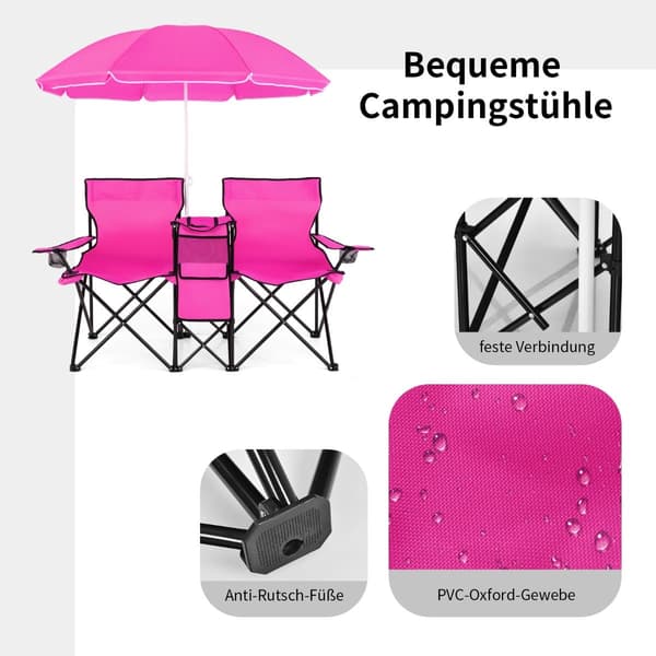 2-personers foldbar campingstol med paraply, lyserød