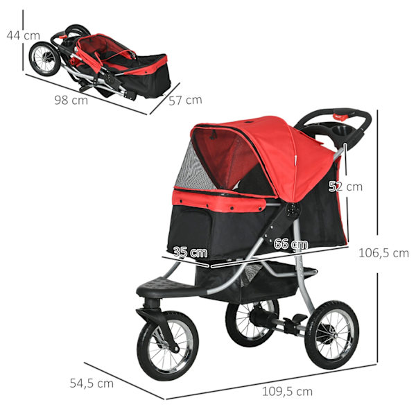 Dog Cart Dog Buggy Cat Buggy Lemmikkirattaat 3 Pyörällä Taitettava Koirankissa Oxford Red + Black 109,5 X 54,5 X 106,5 Cm