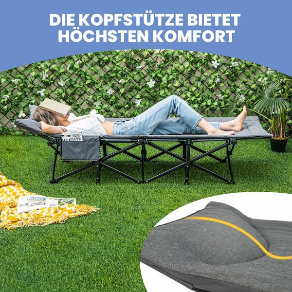 Fällbar campingsäng med sidficka, tältsäng, lastkapacitet upp till 200 kg, gästsäng, grå