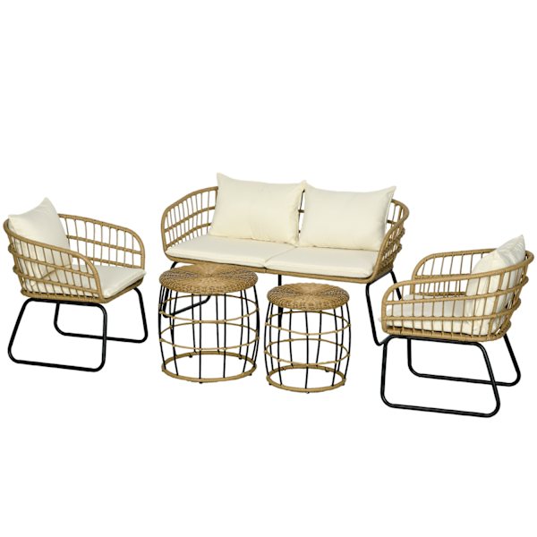 5-Delt Havemøbelsæt I Rattan, Siddeområde Med Hynder, Havesæt Med 2 Sofaborde, 2 Lænestole, 1 Dobbelt Sofa, Siddesæt, Stål, Beige