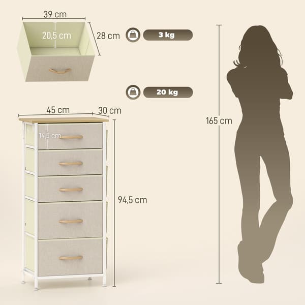 Soveværelseskommode med 5 stofskuffer, stålramme, beige