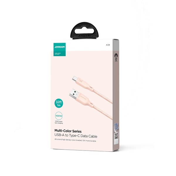 Multi-Color Series USB-A - USB-C kaapeli 100W nopea siirto 1m vaaleanpunainen