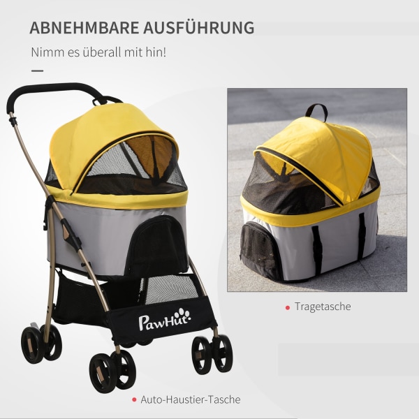 Hundeklapvogn 2-I-1 Hundevogn & Bæretaske, Sammenfoldelig Hundeklapvogn Med Pude, 4 Hjul, Mesh-Vindue, Oxford-Klud, Gul