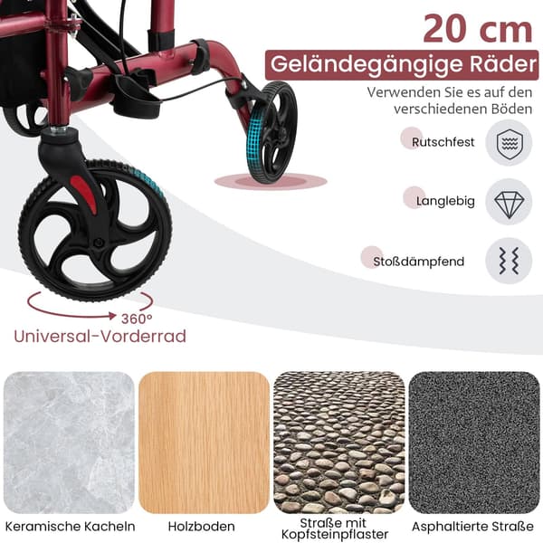 2-i-1 Rollator Gåstol & Transportstol, Rød, Sammenklappelig