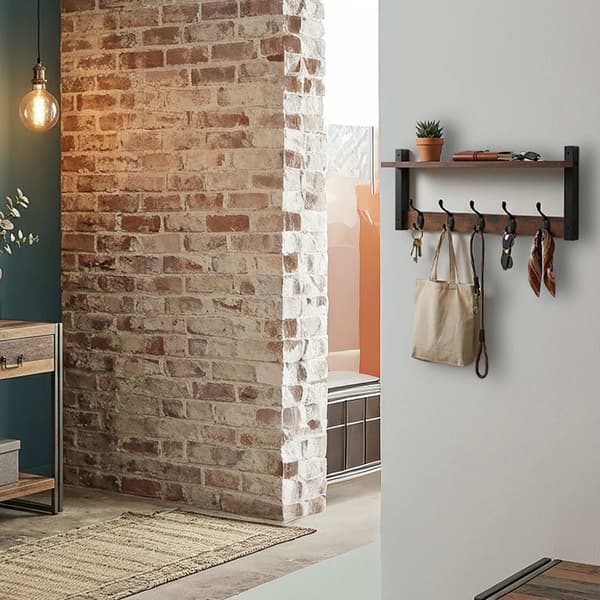 Nøglehylde med 5 kroge og bakke, mørkebrun MDF