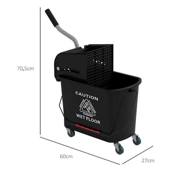 Städvagn, mobil hink, städhink, 20 liter, torkvagn med press, 2 kammare, svart