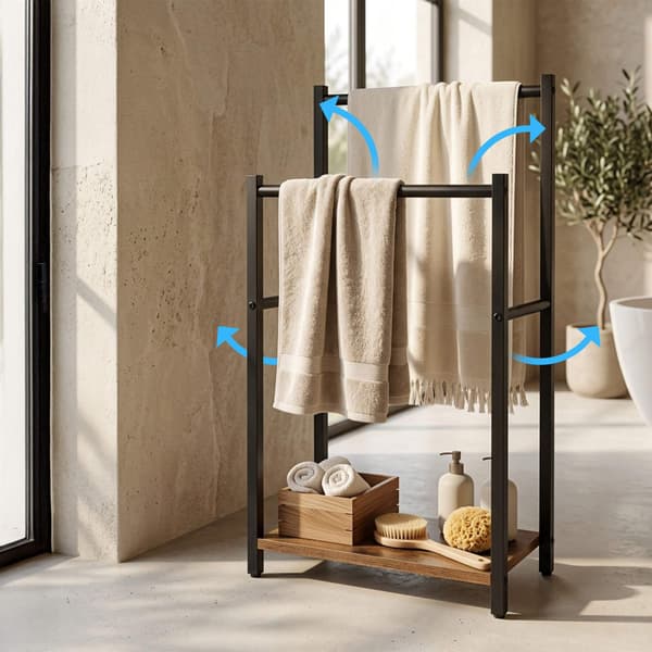 Handdukshängare med hyllplan för badrum, brun, stål och MDF