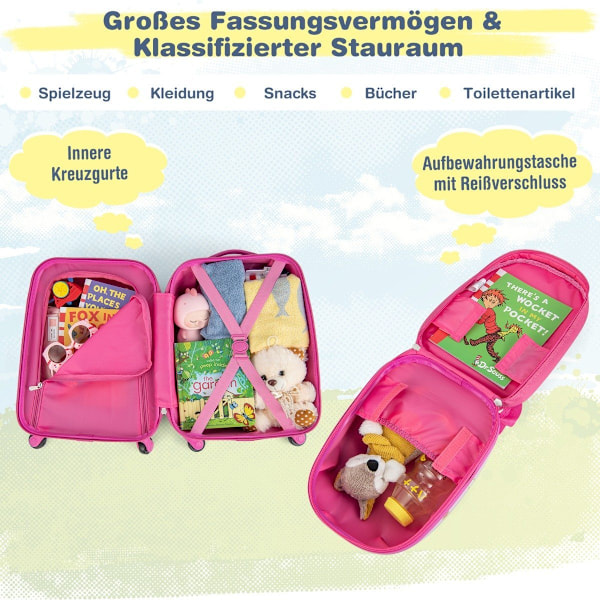 2-osainen lasten matkalaukku + reppu muovista lastenvaunut 12"+16" pink linnut